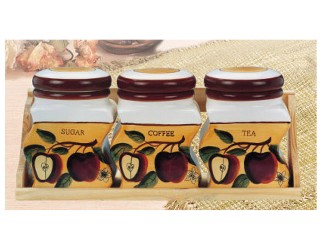Ceramic 3-pc Canister Set with Wooden Tray
