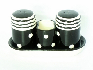 Ceramic black white Salt,Pepper&Toothpick Holder with Tray(set of 4)