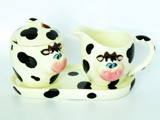 Ceramic 3-pc Cow Sugar and Creamer with Tray