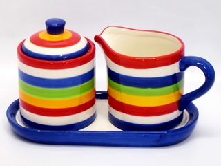 Ceramic Round Stripe Color Sugar and Creamer with Tray