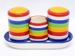 Ceramic Round Stripe Color Salt & Pepper,Toothpick Holder on Tray(set of 4)