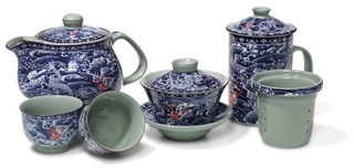 Porcelain 10-pc Blue Peony Tea Set