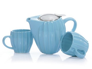 Stoneware textured i-pot set for two, 24 oz pot (sky), two 6 oz mugs 