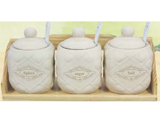 Stoneware 3-pc Canister Set with Wooden Tray(set of 4)